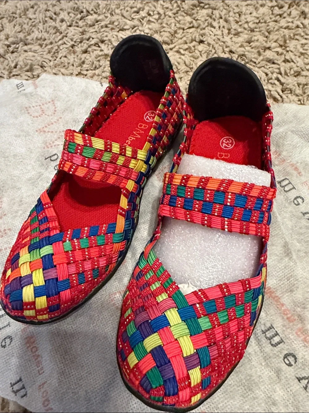 bernie mev. Girls Multicolor Woven Mary Jane Sandals - Red, Blue, Green, Yellow